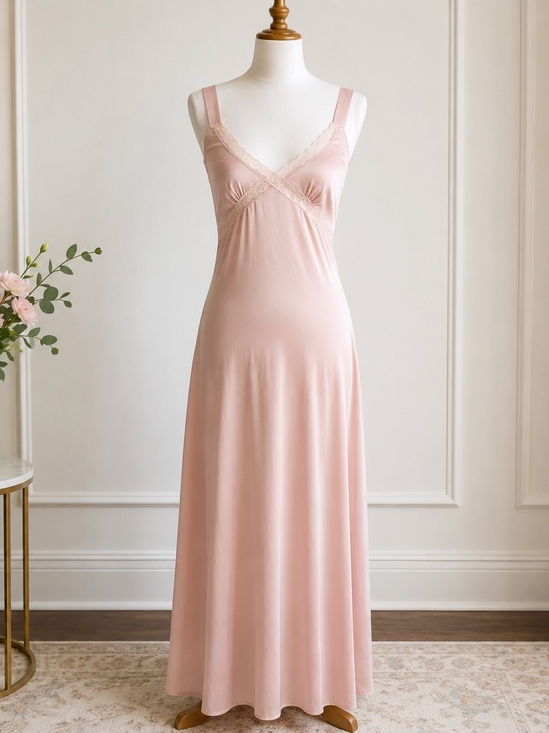 Beverly And Beck Other - Beverly & Beck Blush Pink Lace Trim Maxi Slip Dress XS Satin Lingerie Gown